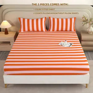 3-Piece Striped Fitted Sheet Set, Includes 1 Fitted Sheet & 2 Pillowcases, bedding set Soft & Breathable Mattress Protector, Striped Sheets