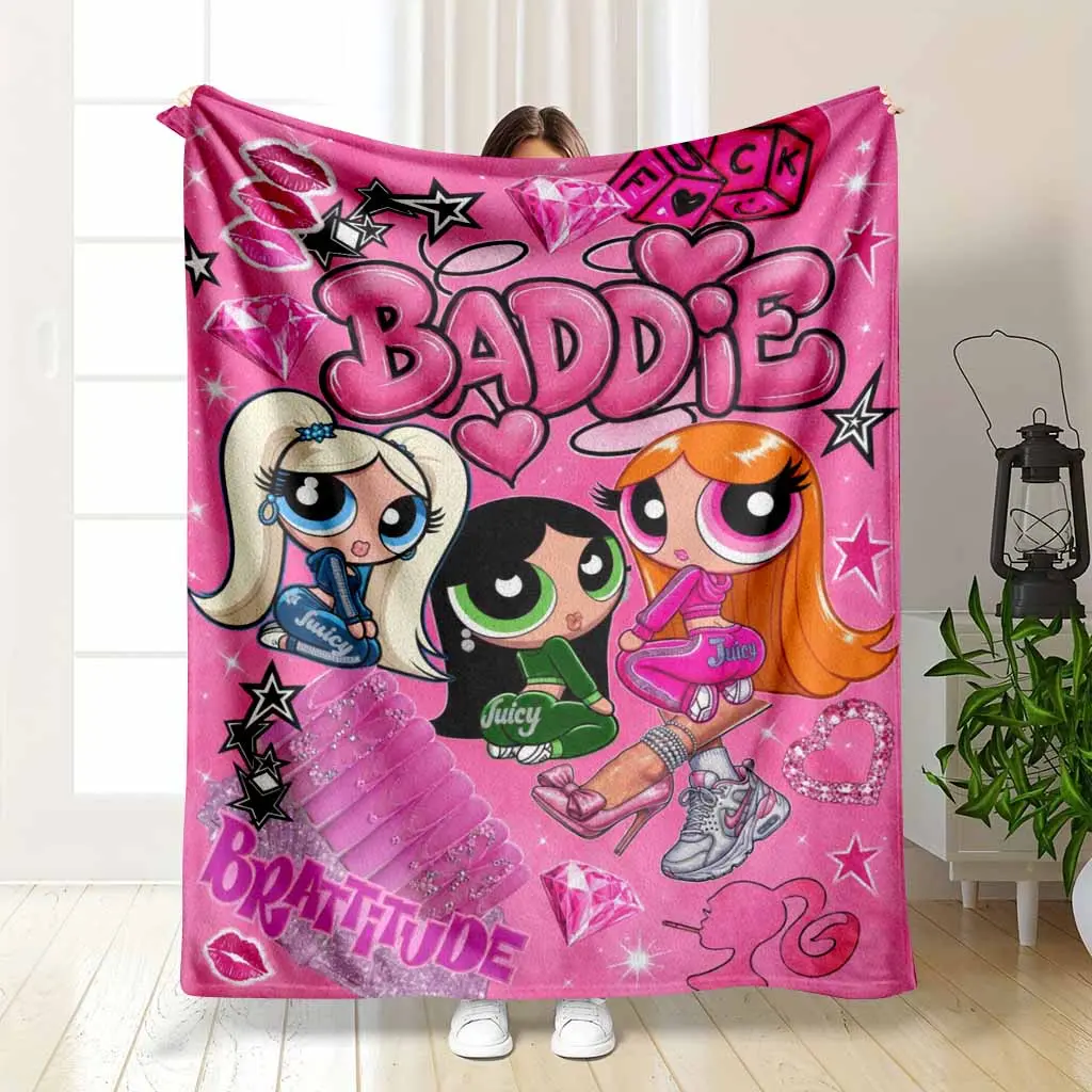 Y2K Pink Baddie Flannel Blanket with Glam Diva Icons Diamond Lips Stars Print Soft Warm Lightweight Plush Throw for Bedroom Sofa Dorm Party Gift Lounge