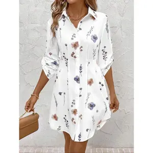 Women's printed button up shirt dress, elegant casual short sleeved collar dress, suitable for daily wear, spring and autumn women's clothingRAIMENTRY