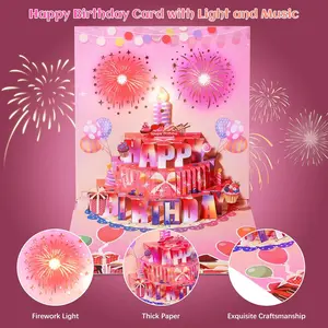 Cake Fireworks LED Candle Lights, 3D Birthday Card with Music and Colorful Lights, Musical Happy Pop-Up Birthday Card, Musical Birthday Gift Card for Kids, Wife, Husband, Grandpa, Grandma, Daughter, Son - Pink, Birthday Gift