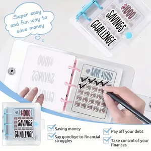 $1000 Money Saving Challenge Binder Reusable Blue Budget Book with Cash Envelopes Office Stationery Budgeting Planner Secure Cash Storage Durable Practical 25 Waterproof PVC Pockets，viral TikTok saving challenge binder，family money saving goals planner ti