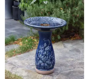 LuxenHome Blue Petals and Vines 22-Inch Tall Ceramic Birdbath