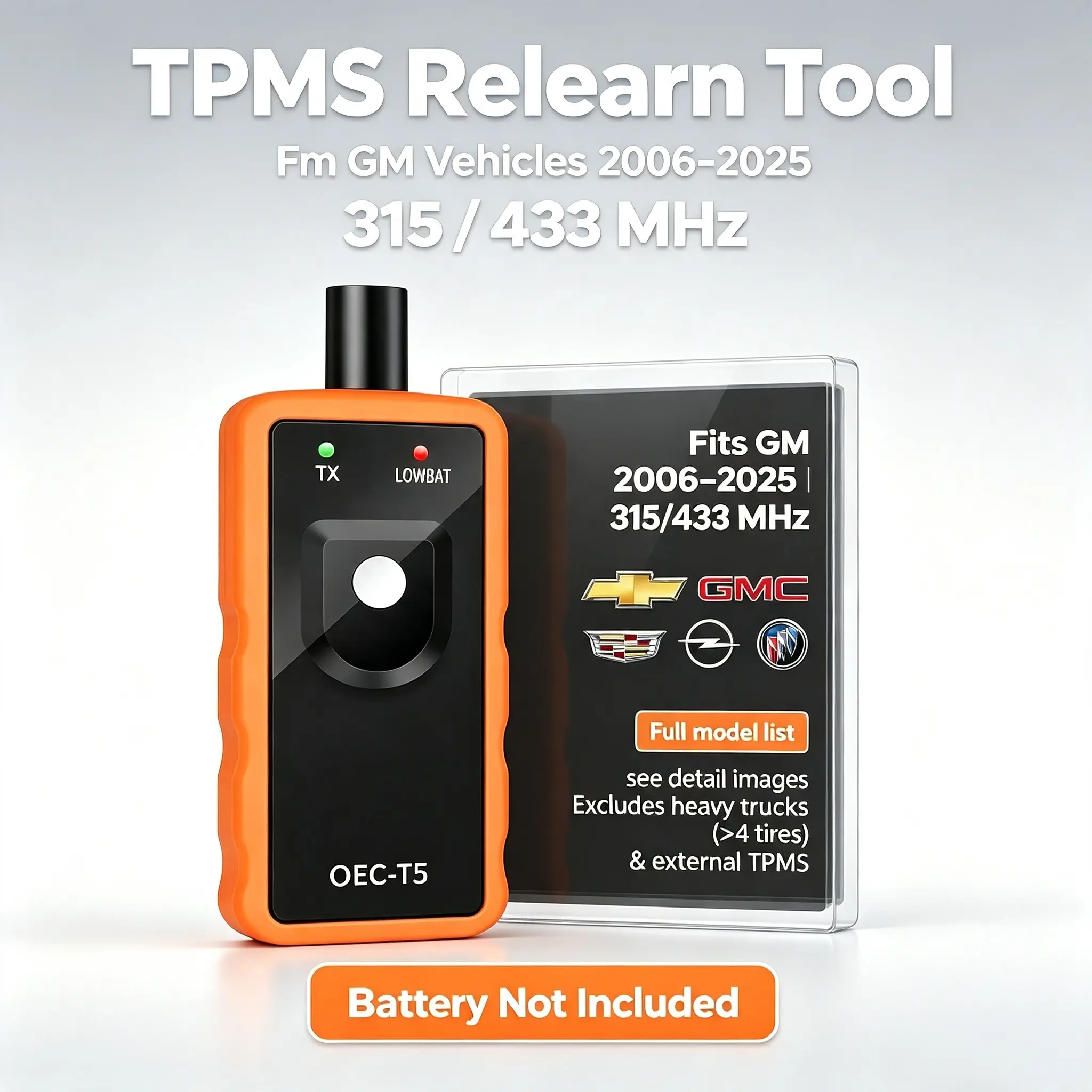 OEC-T5 TPMS Relearn Tool - Tire Pressure Sensor Reset Activation & Programming Tool for GM, Chevy, GMC, Cadillac, Buick, Opel (2006-2025), 315MHz/433MHz Compatibility, Battery Not Included