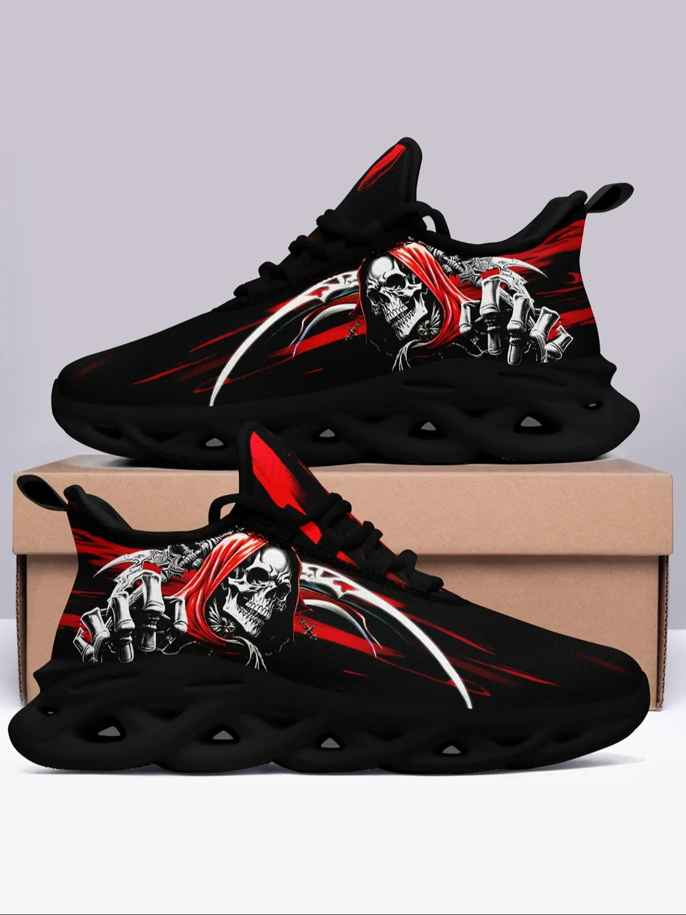 Men's Fashionable Skull Print Lace Up Low Top Sneakers, Casual Comfortable Breathable Sports Running Shoes, Halloween Design
