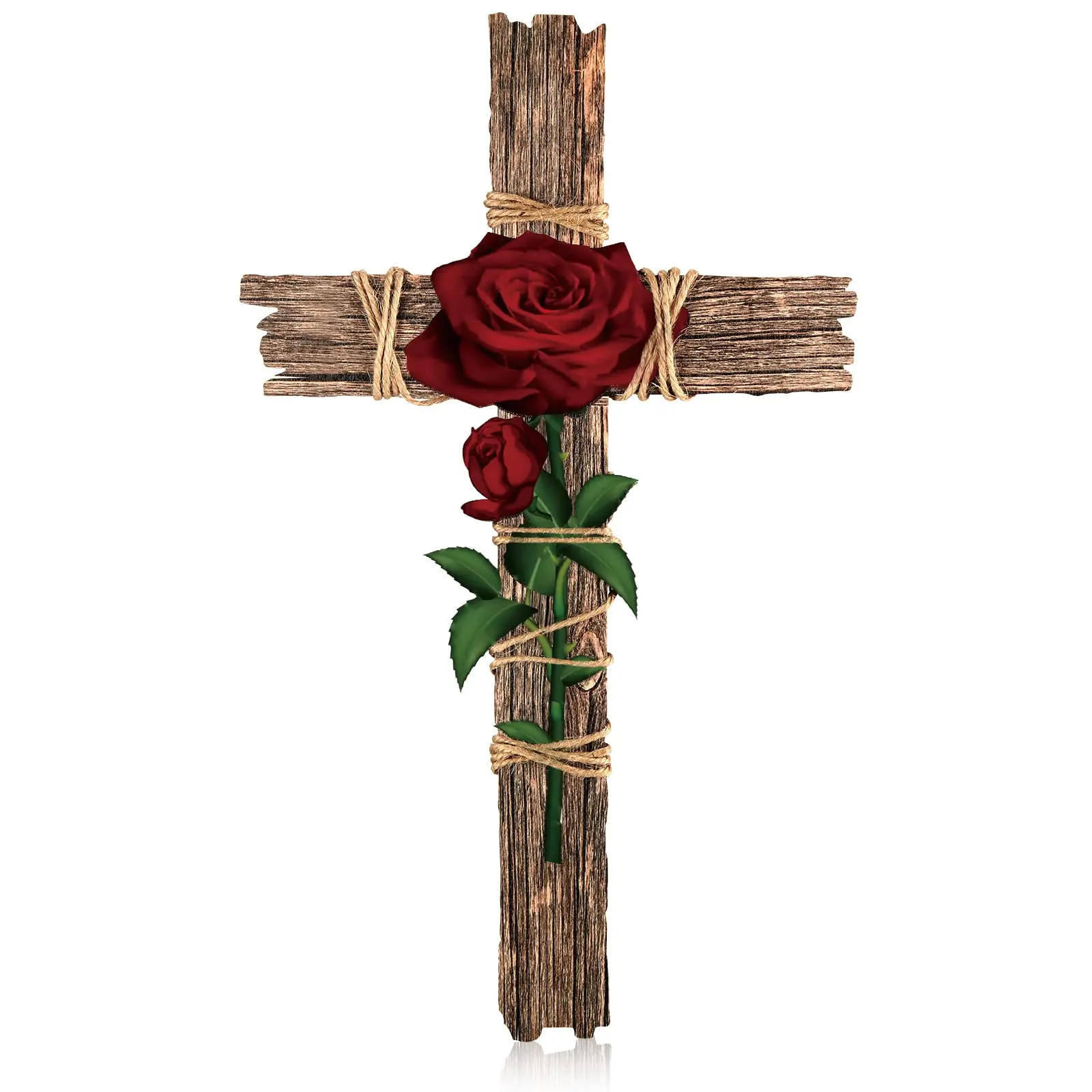 Christian Gift Cross Decorative Wooden Cross with Hemp Rope Rose Pattern Wall Mounted Cross Decoration Holy Cross Home Decor Prayer Cross Brown Hanging Cross Religious Gift for Christian, Print Cross Room Ornaments