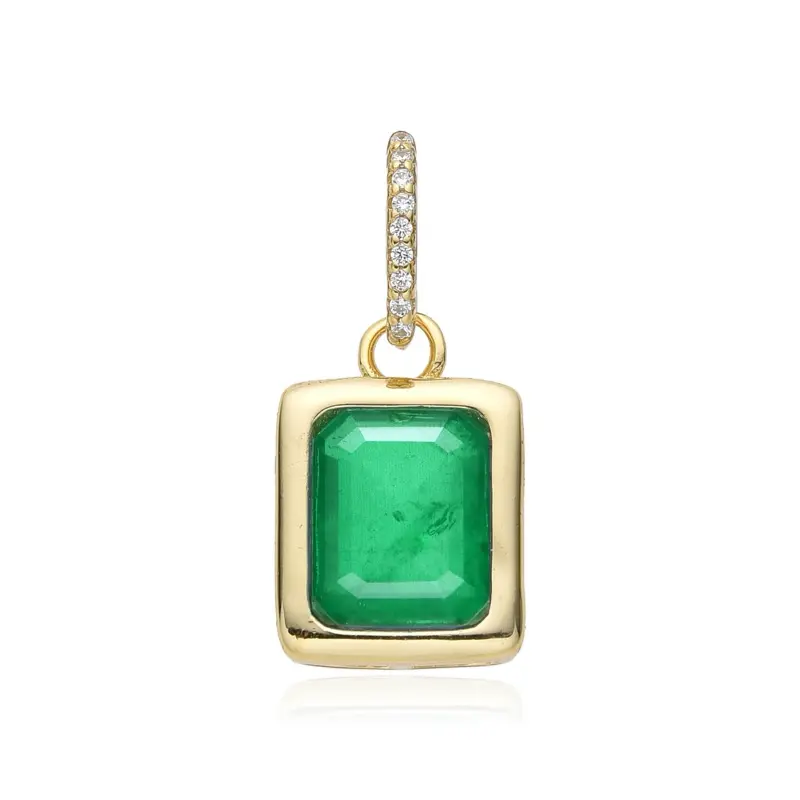 Unisex Geometric Green Rectangular Gemstone Jewelry Pendant Charm - Sterling 925 Gold Trim, Diamond Accents, Fine Craftsmanship, Elegant Daily Wear Costume Fashion Accessory, Gemstone Charm, Basic, Green Gemstone
