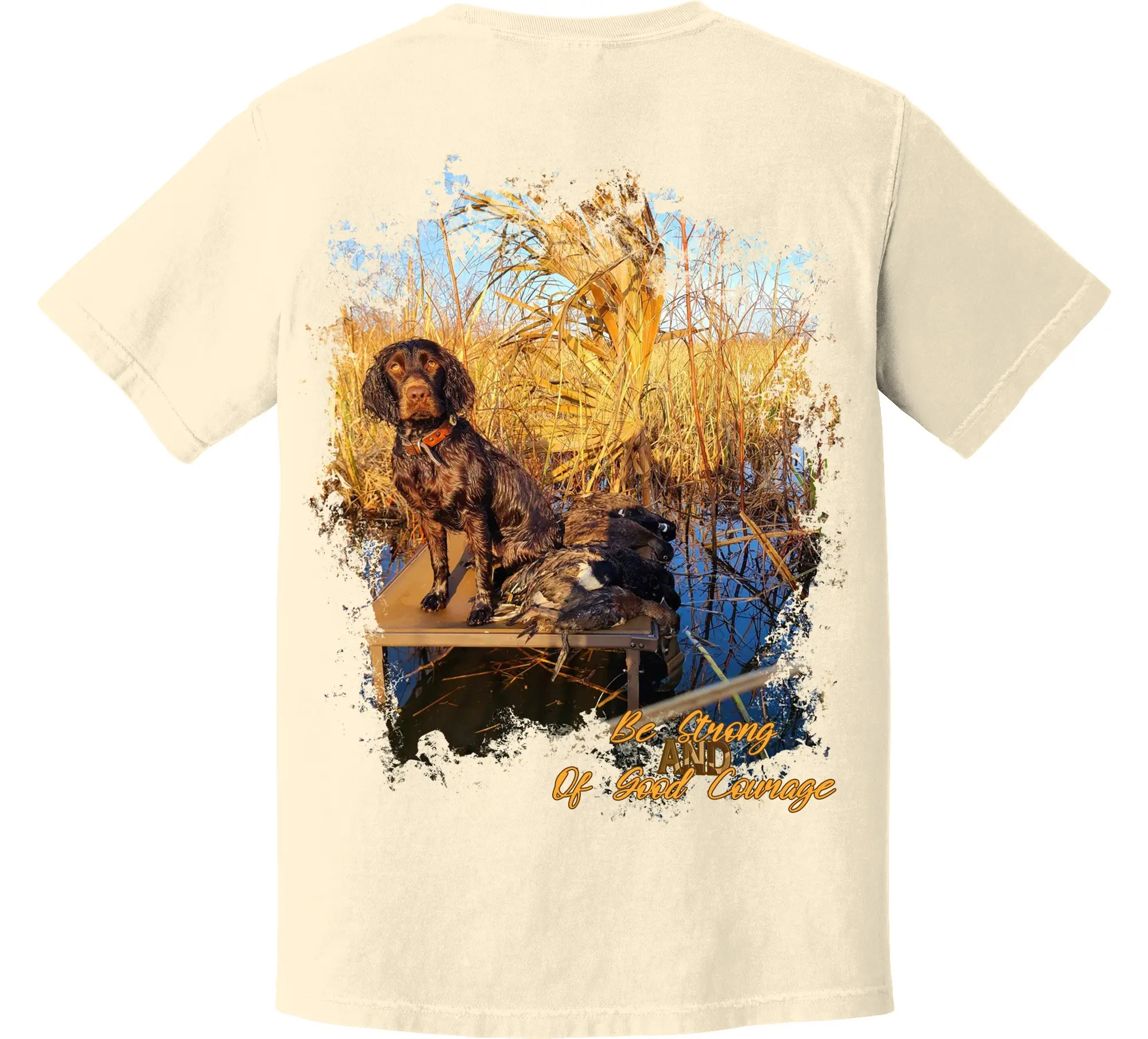Big South Outfitters T-Shirt | Comfort Colors Boykin "Be Strong and of Good Courage" T-Shirt | Duck Camo Accent | Boykin | Little Brown Dog | Duck Dog | Duck Hunting