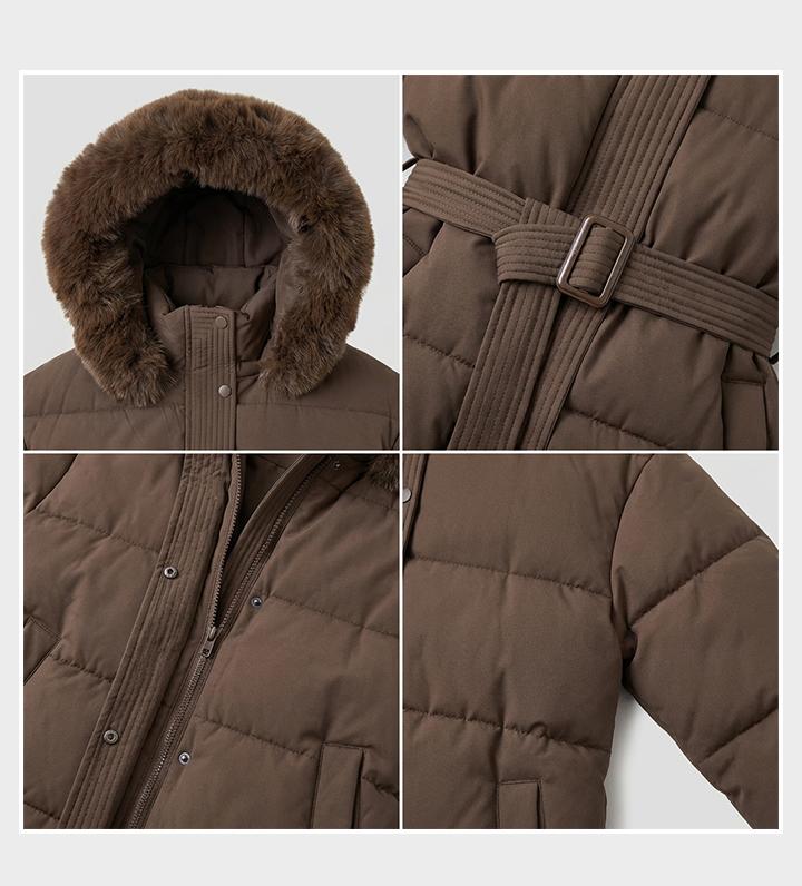 KatchMe Women's Versatile Solid Color Fluffy Hooded Zip-Up Belt Decor Cotton Coat, Cozy Outerwear Jacket for Fall & Winter, Classy Mid-Length Outfit(US/CN)