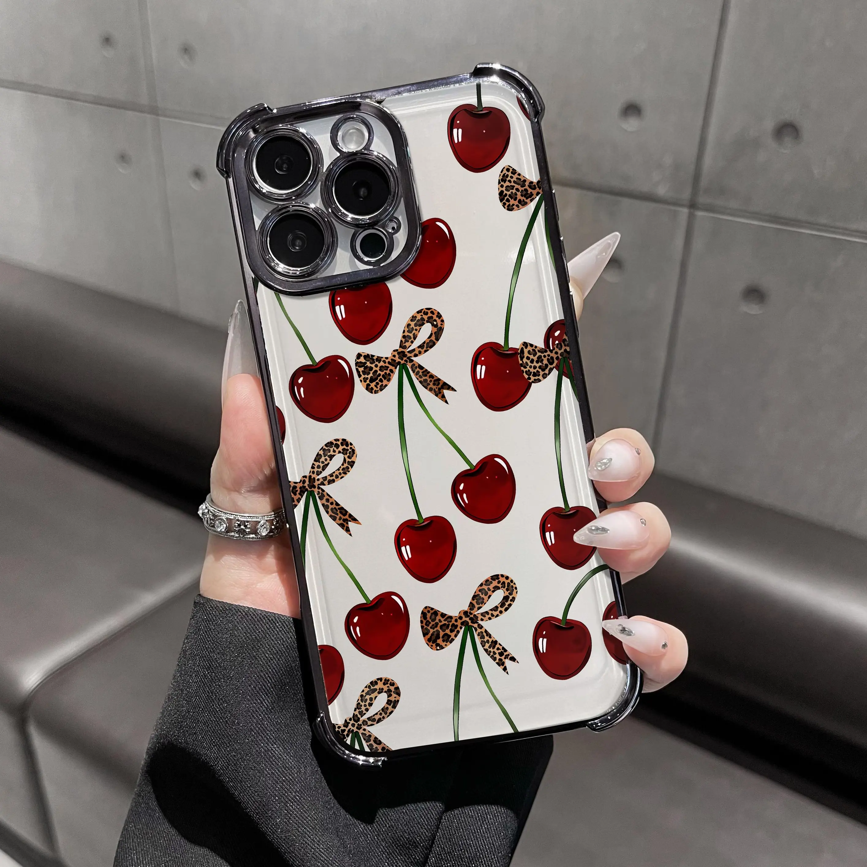 Cherry leopard print bow pattern four-corner shockproof transparent electroplated protective phone casefor iPhone Samsung Galaxy 17 Air 16Pro Max 15 14Plus 13 12 11XR XS S25 S24 S23,Simple and stylish camera Protection DurablePhone Case.HY65