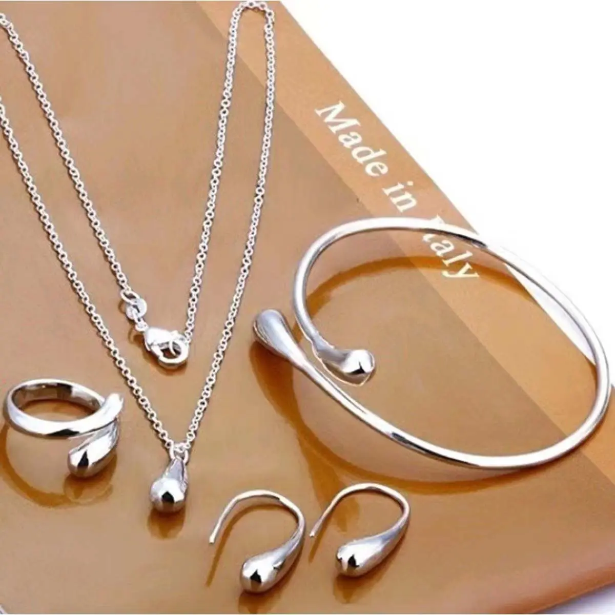 Women's 4-Piece Water Drop Artificial Gemstone Jewelry Set - Silver Earrings Set, Necklace, Bracelet, Ring with Curved Accents, Fashion Daily Wear Accessories for Cohesive Style, Earring Sets