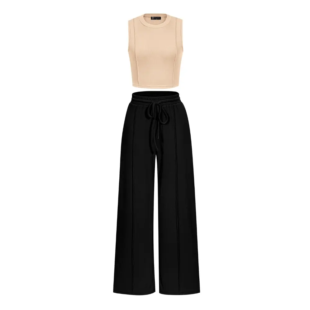 PrettyGarden Women's Summer 2 Piece Loungewear Set Cropped Tank Top Wide Leg Sweatpants With Pockets Tracksuit Casual Outfits- Urban Womenswear Minimalist Fitted