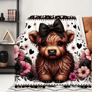 Fashionable Highland Cow Print Blanket with Bow Soft Comfortable Flannel for Travel Camping Sofa Bed Excellent Birthday Gift for Young People and Friends