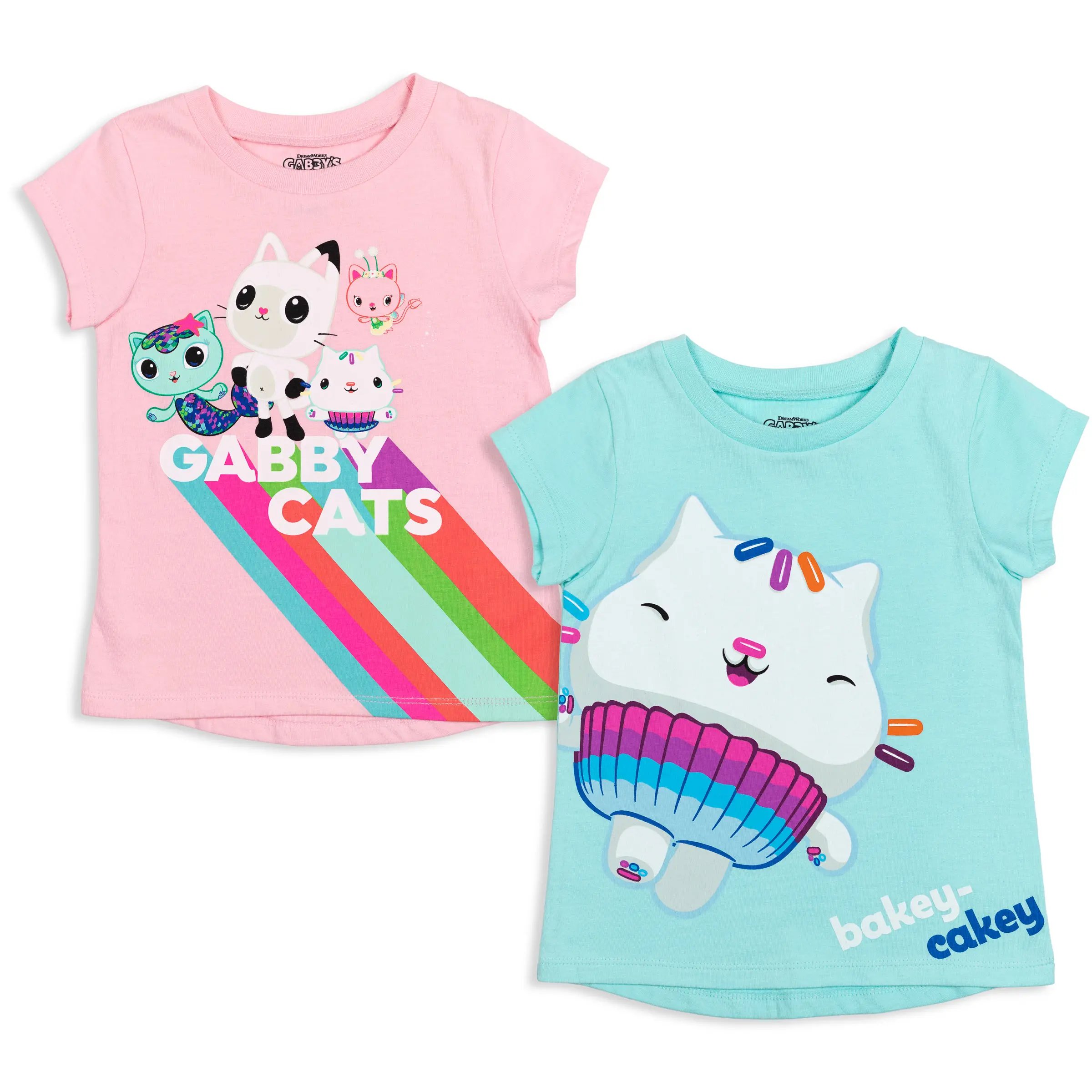 Dreamworks Gabby's Dollhouse Girls' 2-Pack Knit Short Sleeve Tops - Cute Basic Tees, Graphic Art Tees, Cartoon Style, Vibrant Prints (Pink, Aqua, Toddler to Big Kid)