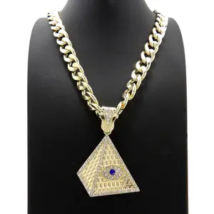 MaxBling81 Men's Gold Plated Cuban Link Chain - 10mm Chain Link Necklace with Egyptian Evil Eye Pyramid CZ Pendant, 18in/20in/24in/30in Lengths for Daily Fashion Costume Jewelry Accessory, Gold Plated Chain