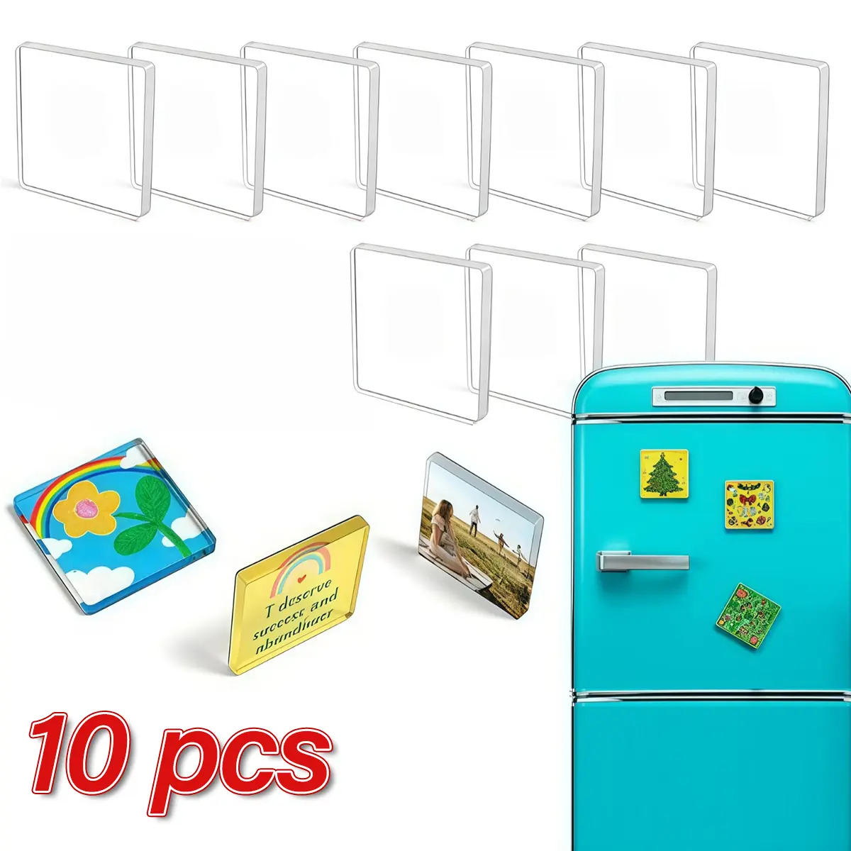 10 Pack Square Blank Refrigerator Magnets Kit - Peel & Stick Acrylic Picture Frames for Fridge. Includes Pre-Cut Cardstock & Case for Custom Photo Decor & Memory Board