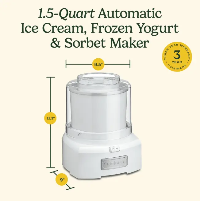 Cuisinart Ice Cream Maker, Electric Frozen Dessert Maker for Homemade Ice Cream, Sorbet and Frozen Yogurt, Convenient Automatic Ice Cream Machine for Family Desserts, Parties, Summer Treats and Everyday Use
