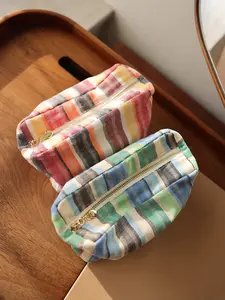 Portable Women's Makeup Bag, Small Storage Pouch, Handheld Cosmetic Pouch, Colorful Striped Multi-Functional Zipper Bag, Travel Inner Pocket, Handbag, Travel Cosmetic Bags, Travel Beauty Bag