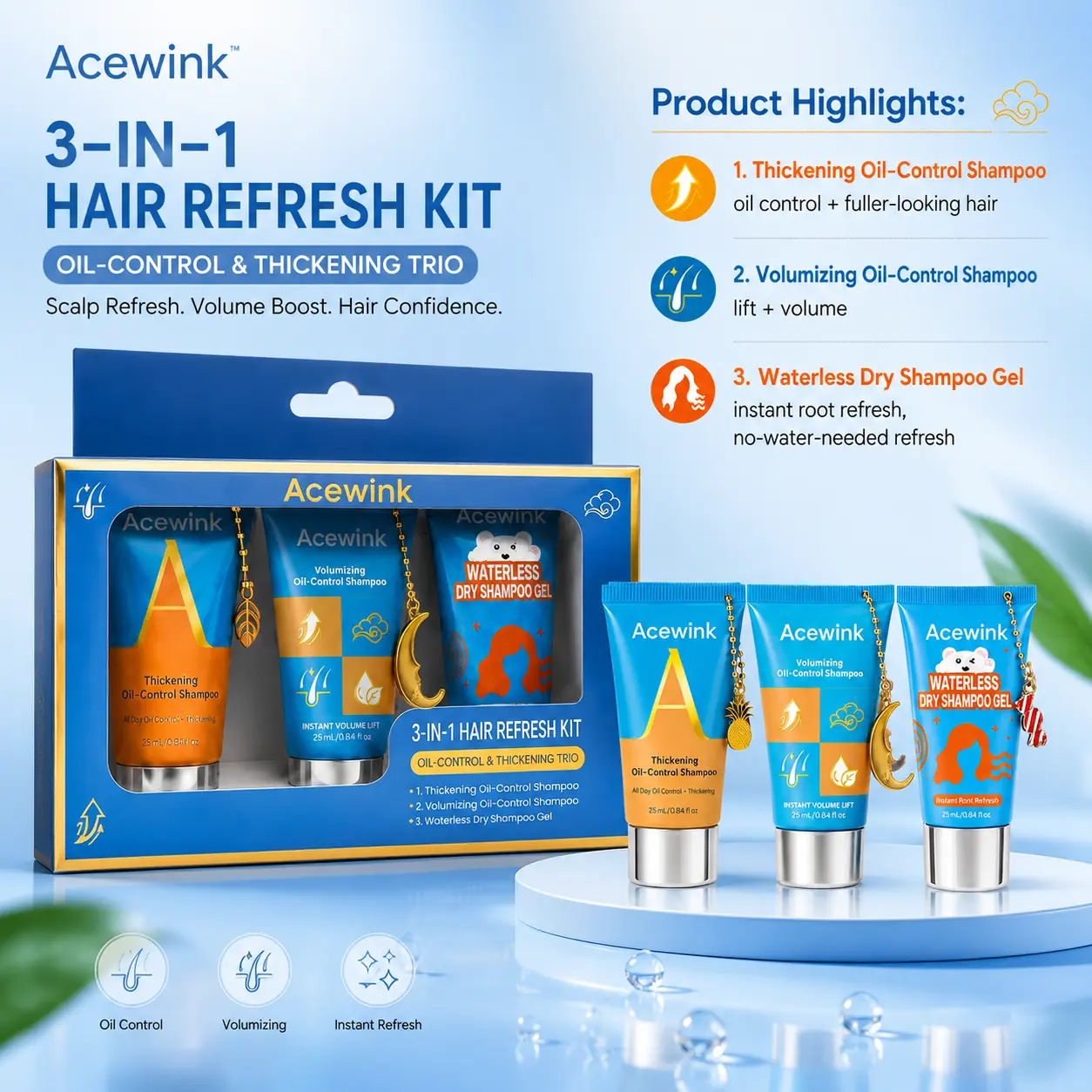 Acewink 3-in-1 Haircare Daily Refresh Kit - Waterless Dry Shampoo Gel Cleanser, Oil-Control Volumizing Shampoo, Travel-Size Root Care for Oily & Flat Hair (Great Gift Option) Lightweight Clear