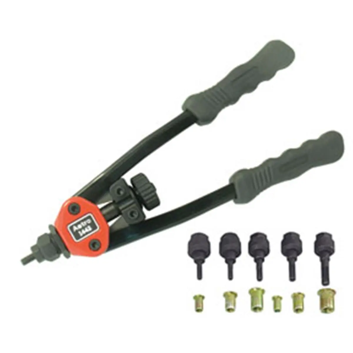 Astro AST-1442 13 in. Nut-Thread Setting Hand Riveter with Ergonomic Grip, Double Compound Hinges to Increase Power & Maximize Leverage, Interchangeable Mandrel/Nosepiece Sets (Metric & SAE), 60 Rivet Nuts (10 Pieces Each) for Hard-to-Reach Areas