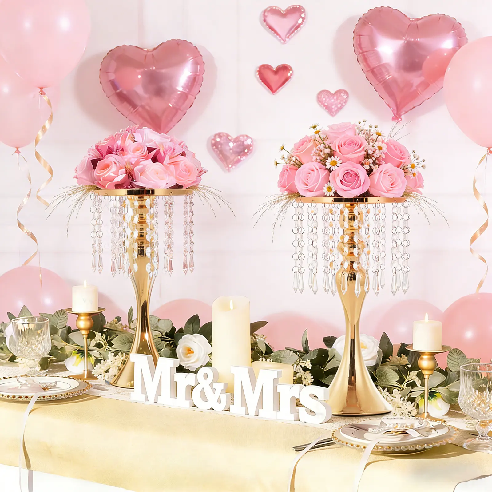 2 Pcs 13.8in Gold Centerpiece Stands for Table Wedding, Crystal Vases for Flowers, Metal Floral Vase Holder for Party, Reception, Anniversary, Birthday Event and Home Table Decor