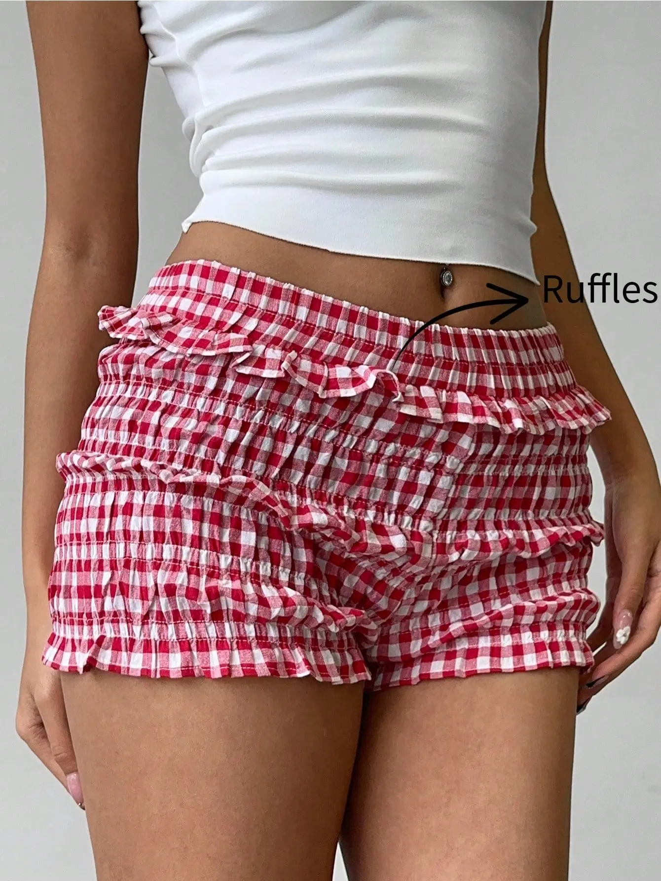 Casual Red and White Gingham Shorts for Women, Sweet Low Waist Style with Ruffled Trim, Elastic Waist and Bow Detail, Bottom, Frill, Red And White Print Shorts, Gingham Check, Unlined Body
