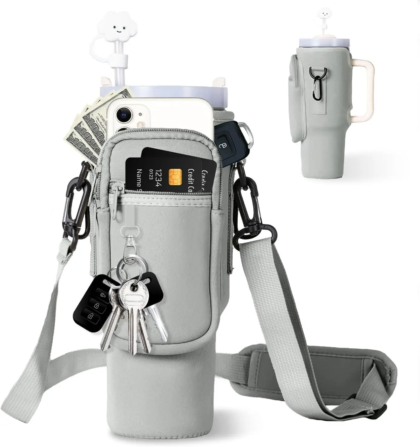 Water Bottle Carrier Bag for 40/30oz Cup with Phone Pocket | Adjustable Shoulder & Hand Strap | Includes Straw Cover | Must-Have Cup Accessory for On-the-Go Drinkware Tumbler