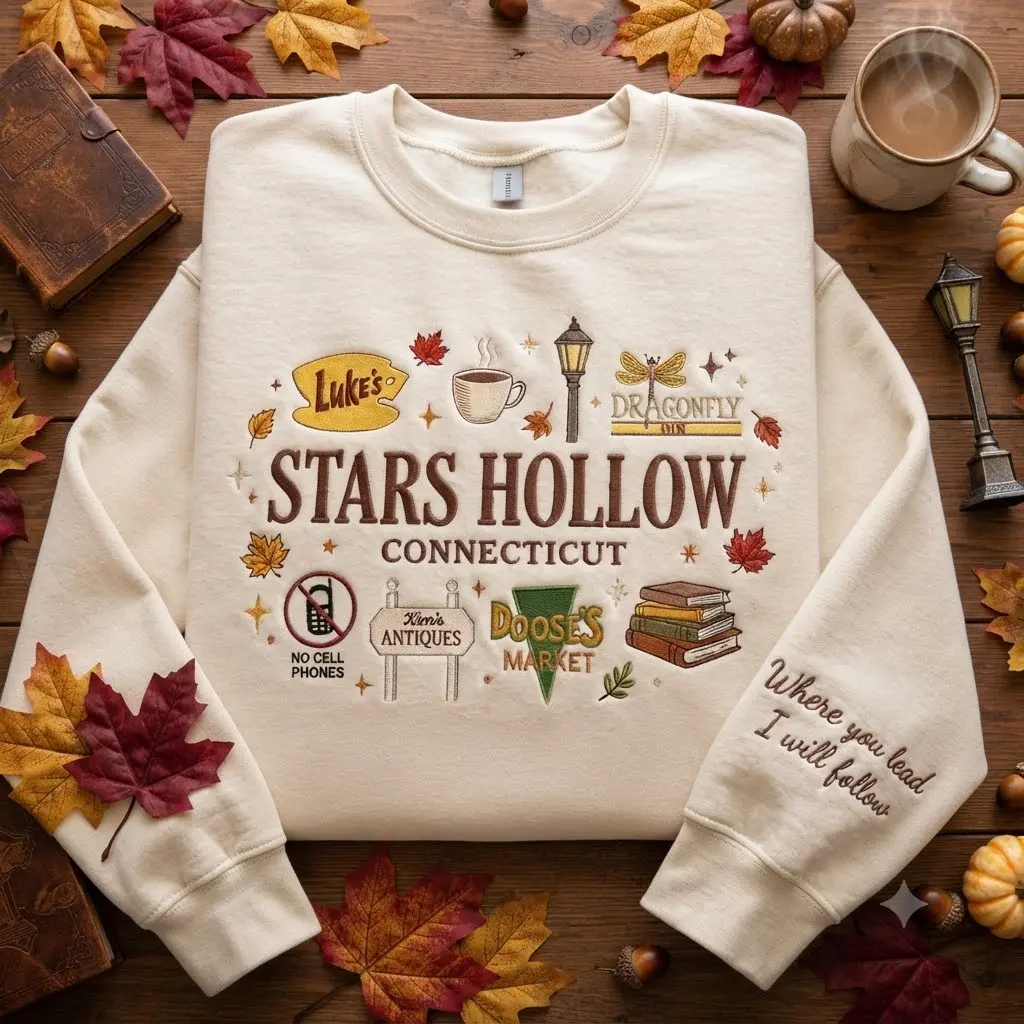 Stars Hollow Embroidered Sweatshirt, Gilmore Inspired Crewneck, Cozy Fall Embroidery Shirt, Connecticut Coffee Lover Gift, Gilmore Fan Gift