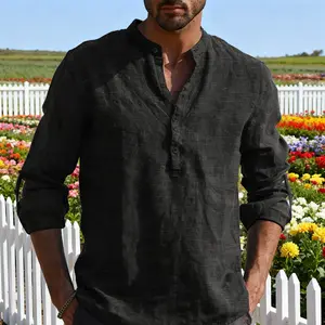 Men's Cotton Linen Henley Shirt Long Sleeve Hippie Casual Beach T Shirts Menswear Top
