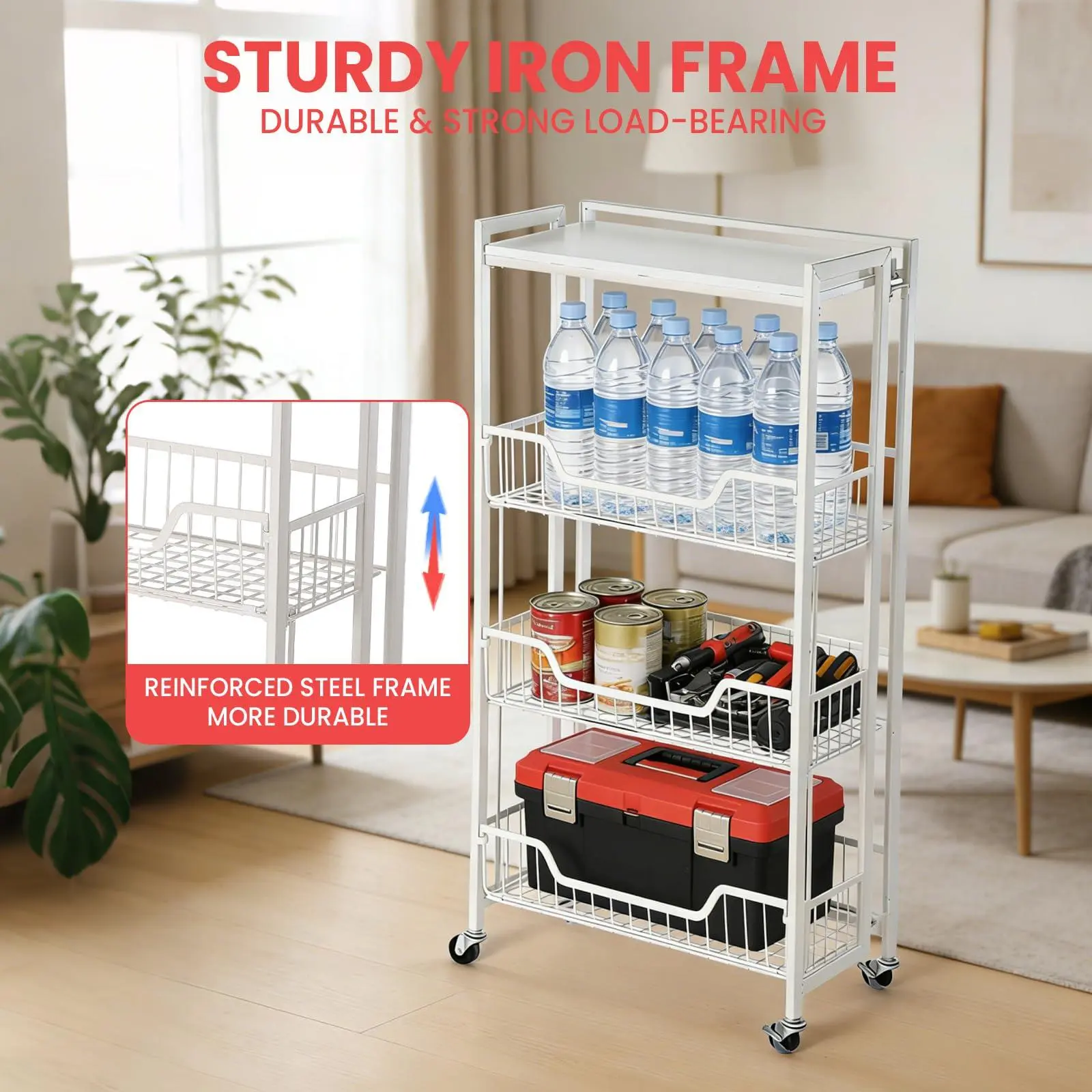 All White 3-Tier Collapsible Kitchen Storage Cart with Wheels - Wooden Top, Steel Frame, Locking Casters - Space-Saving Racks for Fruit, Vegetables - Utility Pantry Organizer