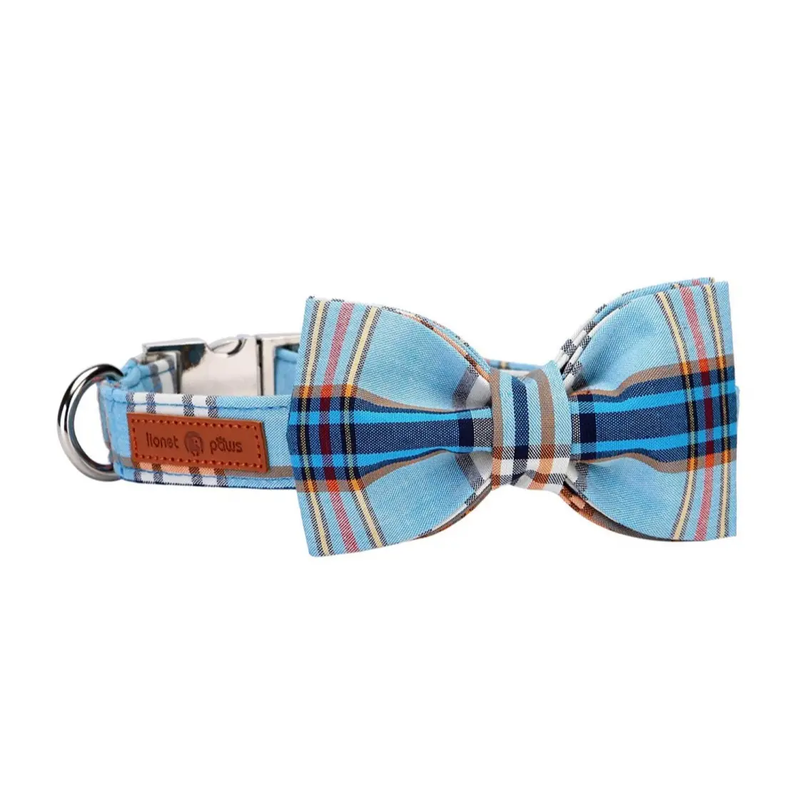 Lionet Paws Plaid Dog Collar with Detachable Bow Tie - Adjustable Collars for Male/Female Dogs, Comfortable Cotton Cute Blue Puppy Accessory, Chew Resistant, Hand Wash Only, Light Blue Plaid