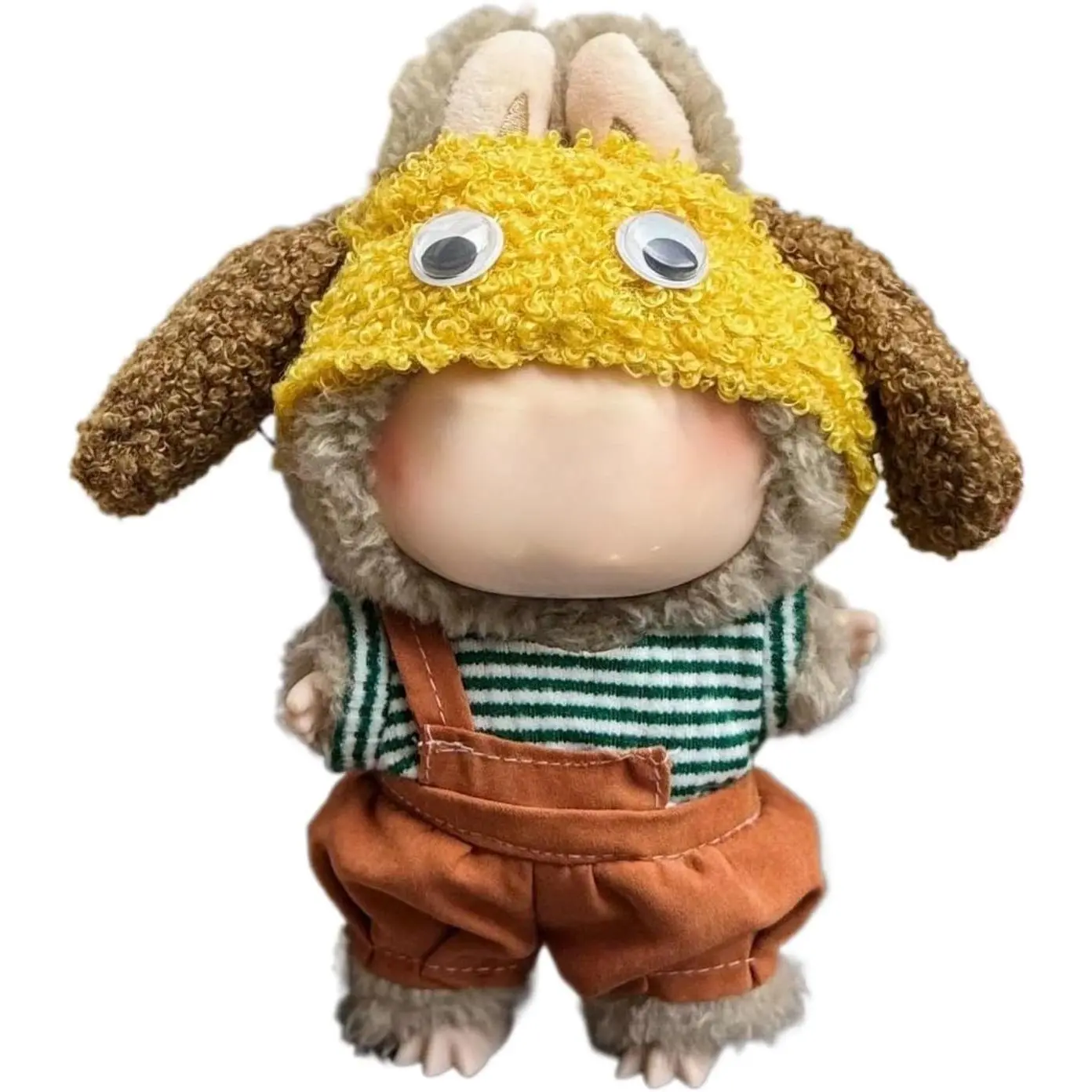 17cm Doll Clothes Suitable for 17cm Labubu Dolls Accessories, 6.7" Doll Clothes, Includes Yellow Dog Hat, Green Striped Top, Orange Pants