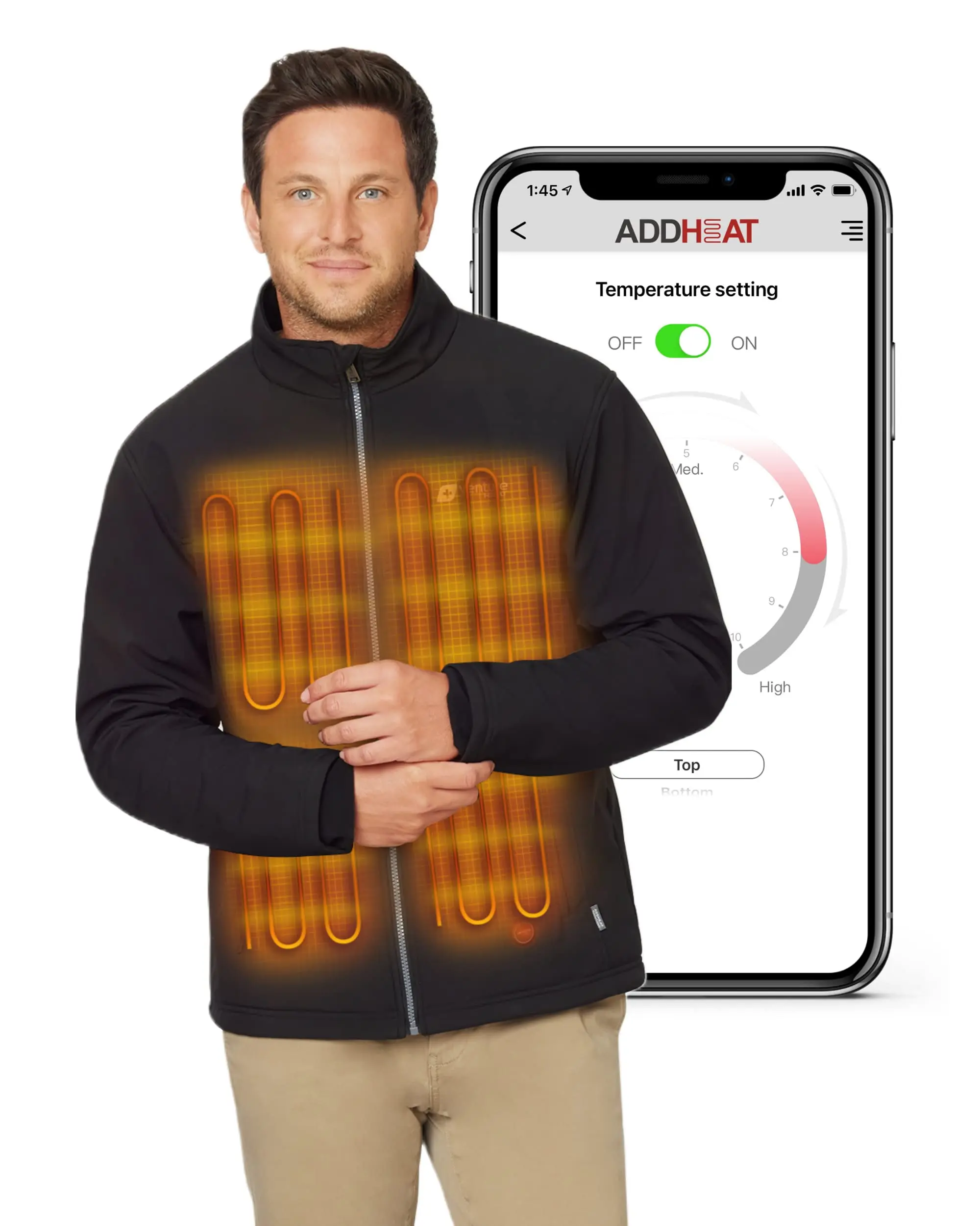 Men's Heated Jacket with Battery Pack Included - App Control Soft Shell Coat with Hand Warmers 7.4V