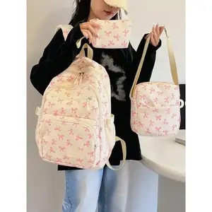 Simple and cute bow pattern women's backpack, stylish design and casual three piece set, suitable for daily use, business trips, and leisure activities(Sheet)