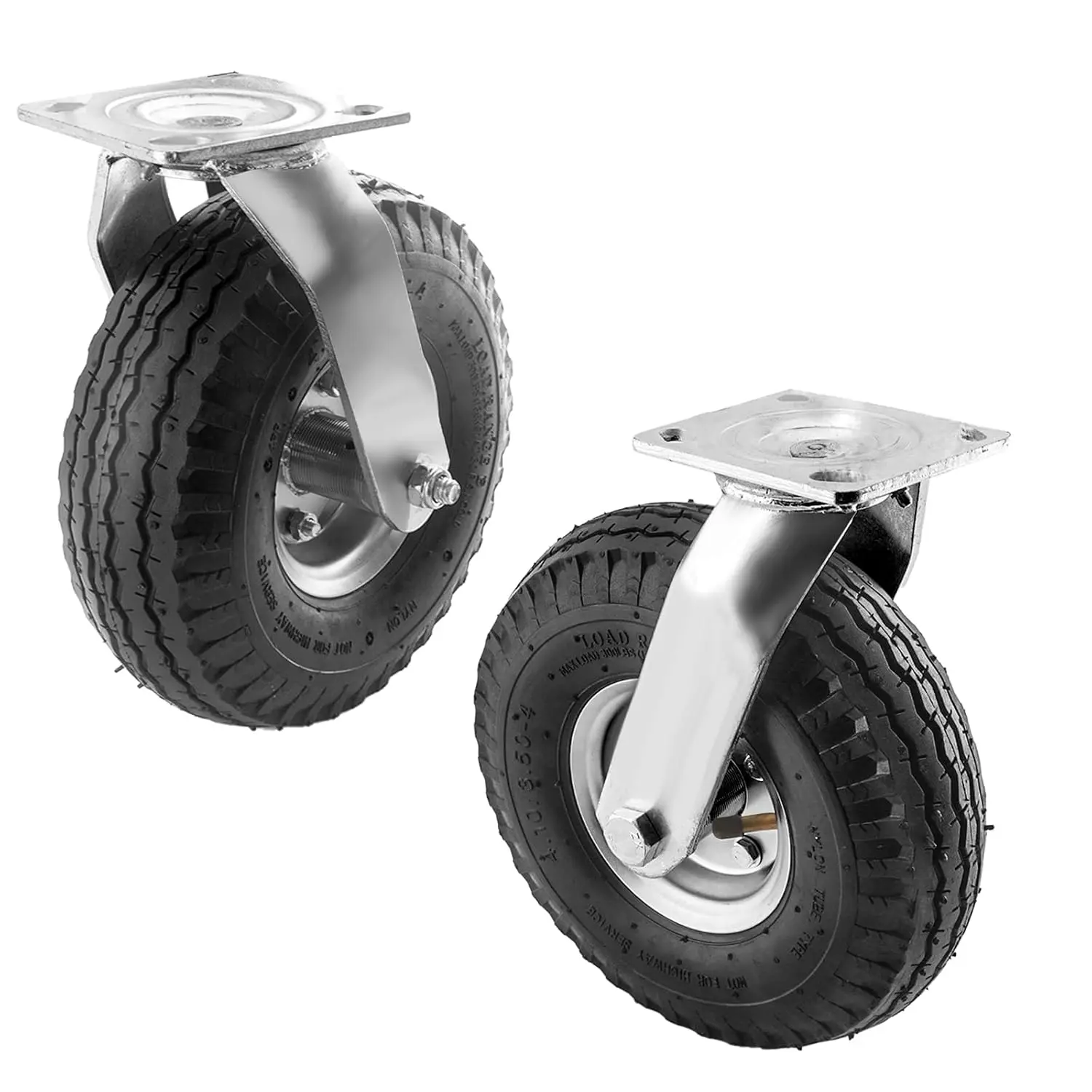 (2 Pack)  10 Inch Caster Wheels, Pneumatic Swivel Caster Wheels with Zinc Top Plate 360 Degree Rotation for Cart, , Trolley, Workbench and Wagon, Black Rubber Wheels, 600 Lbs Total Capacity