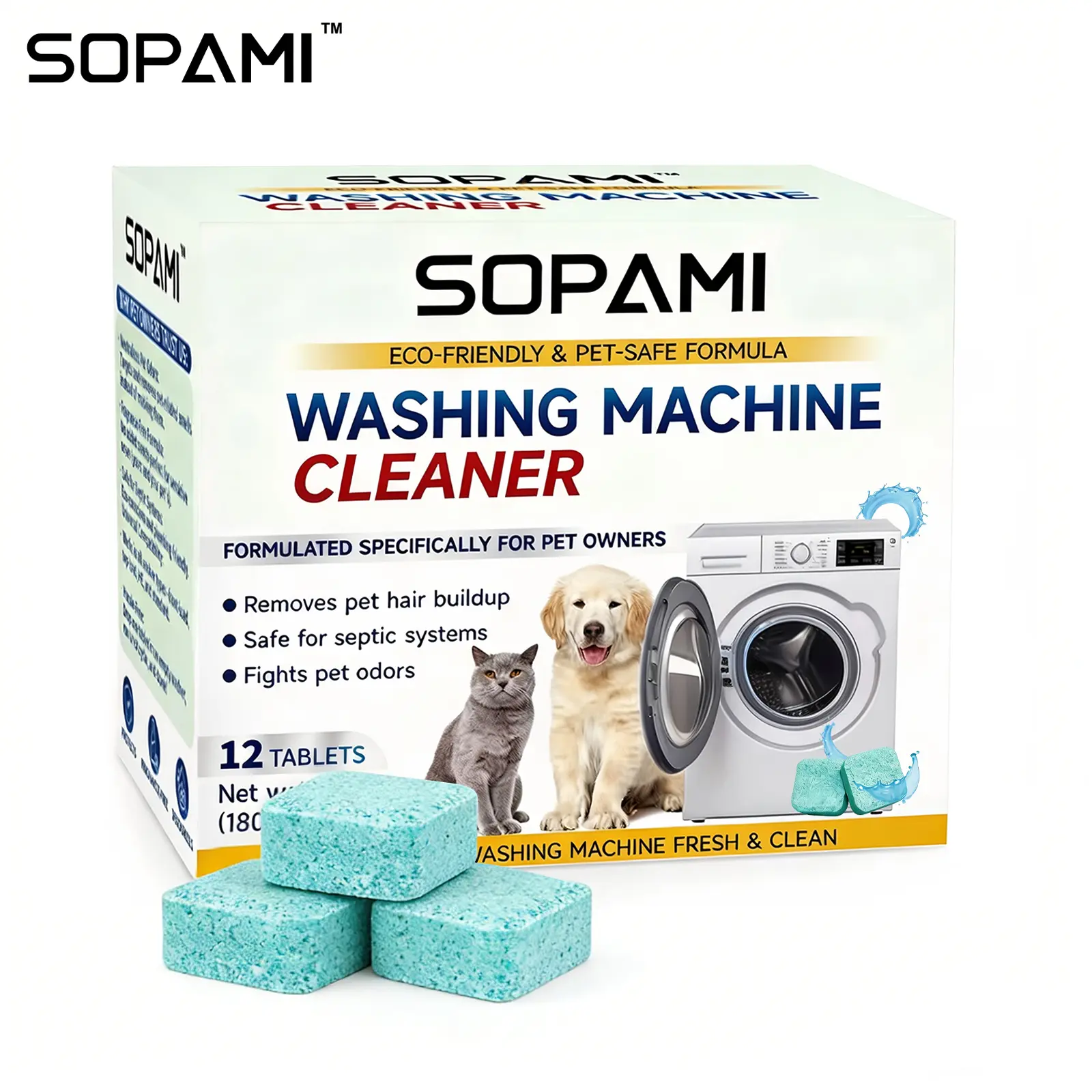 SOPAMI Washing Machine Cleaner Tablets, 12-Tablet Pack Laundry Cleaning Supplies, Pet-Safe Eco-Friendly Formula, Neutralizes Pet Odors, Lifts Hair Buildup, Deep Cleans Grime, Keeps Fresh Machine Easy to Use