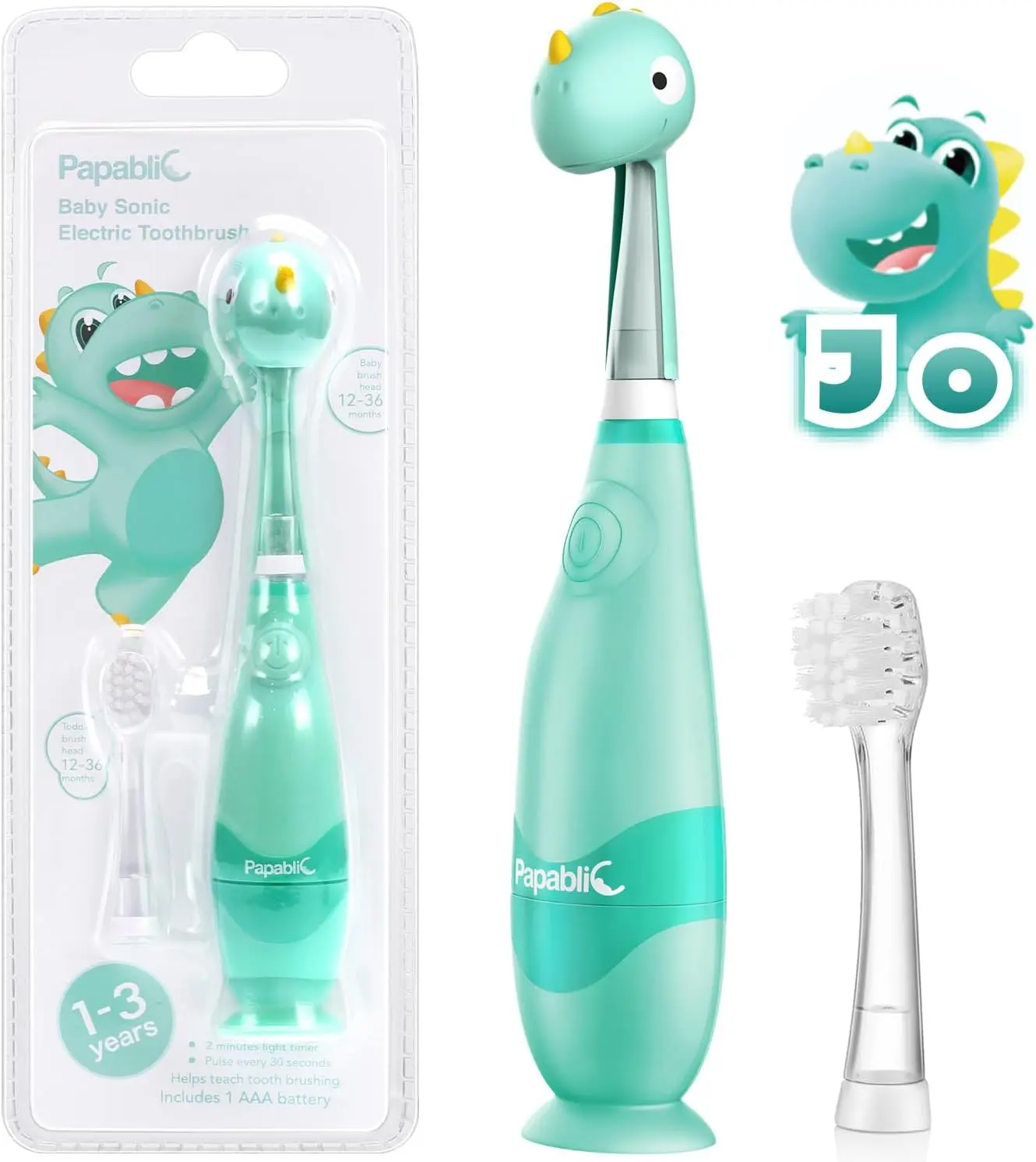 Papablic Toddler Sonic Electric Toothbrush Set (1-3Y) - Kids Electric Toothbrush with LED Light, Smart Timer, Dino Cover, 2 Brush Heads, Gentle and Deep Cleansing, Baby Lightweight Daily Oral Care Tool, Baby Travel Toothbrush, Gifts