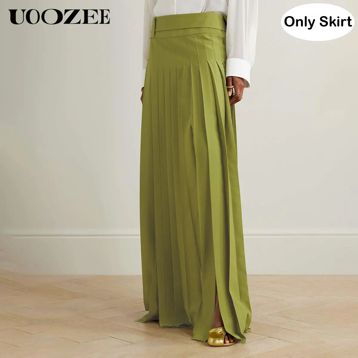 UOOZEE Women's 2025 Plain Pleated Long Skirt - Retro Green, High-Waisted, Loose, Side Thigh Split, Single-Side Pocket, Belt-Included, Minimalist, Breathable, Autumn Casual Bottoms (Only Skirt; Sizing Runs Small - Check Size Guide or Order Larger), Skirts