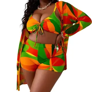 Women's Plus Size 3 Piece Swimsuit, Tropical Print Drawstring Bikini + High Waist Boyshorts + Long Kimono Cover Up, Swimwear for Beach Vacation 2026
