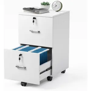 VINGLI 2 Drawer File Cabinet with Lock, Wood Grain White File Cabinet for Letter Size File Folders with Tabs, Mobile Under Desk File Cabinets for Home Office, Rolling Filing Cabinet Printer Stand