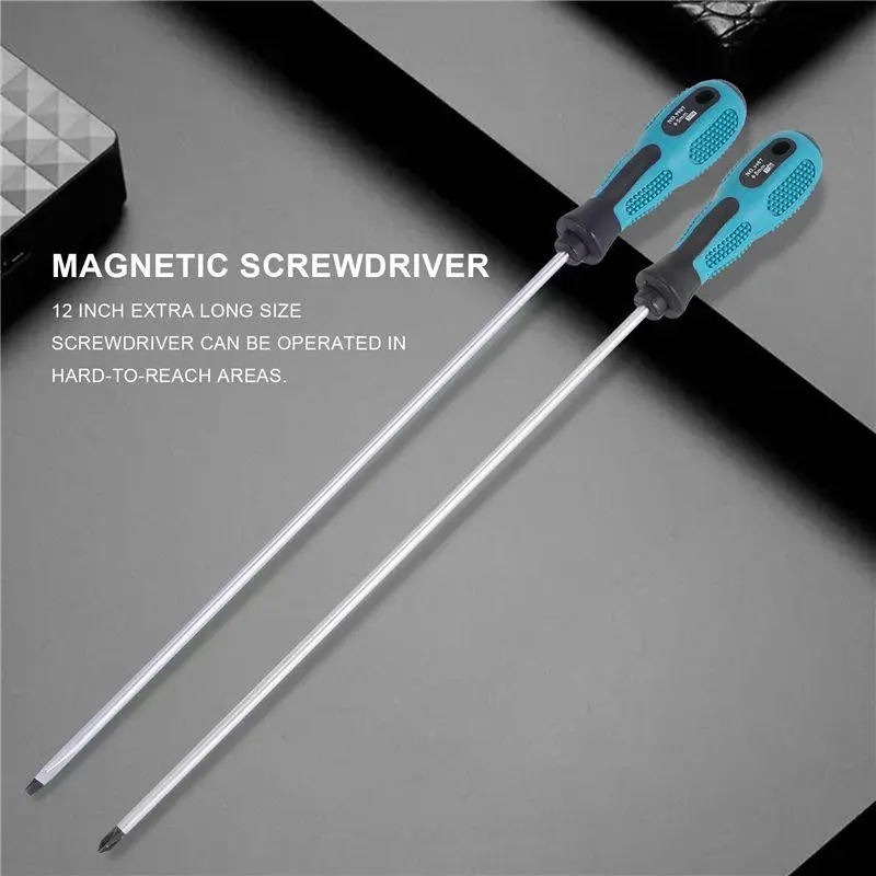 Small Animal Pet Toy Utility Tool, 2-Pack 12in Long Reach Screwdrivers with Flat Blade, Slotted/Phillips Magnetic Tip & Rubber Handle