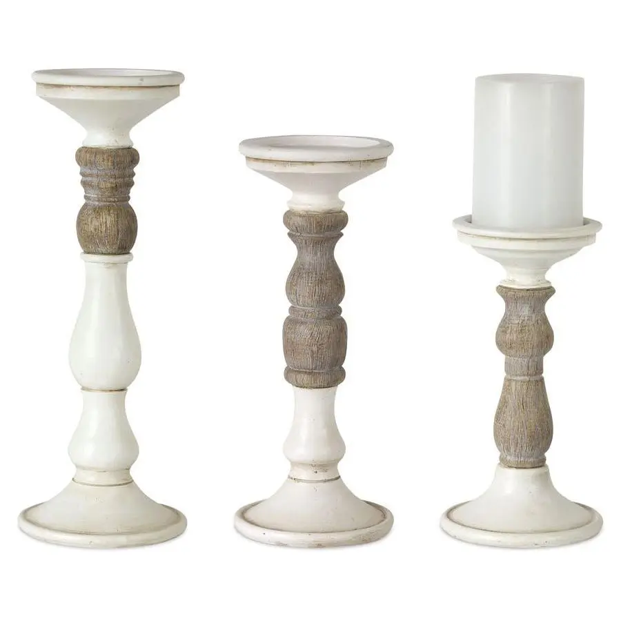 Melrose Ivory Candlesticks with Wood Accent - Set of Three