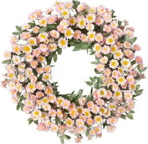 Bibelot Pink Daisy Spring Wreath 22 Inch Floral Decor with Eucalyptus Leaves for Front Door Wall Window Indoor Outdoor Festival Decor