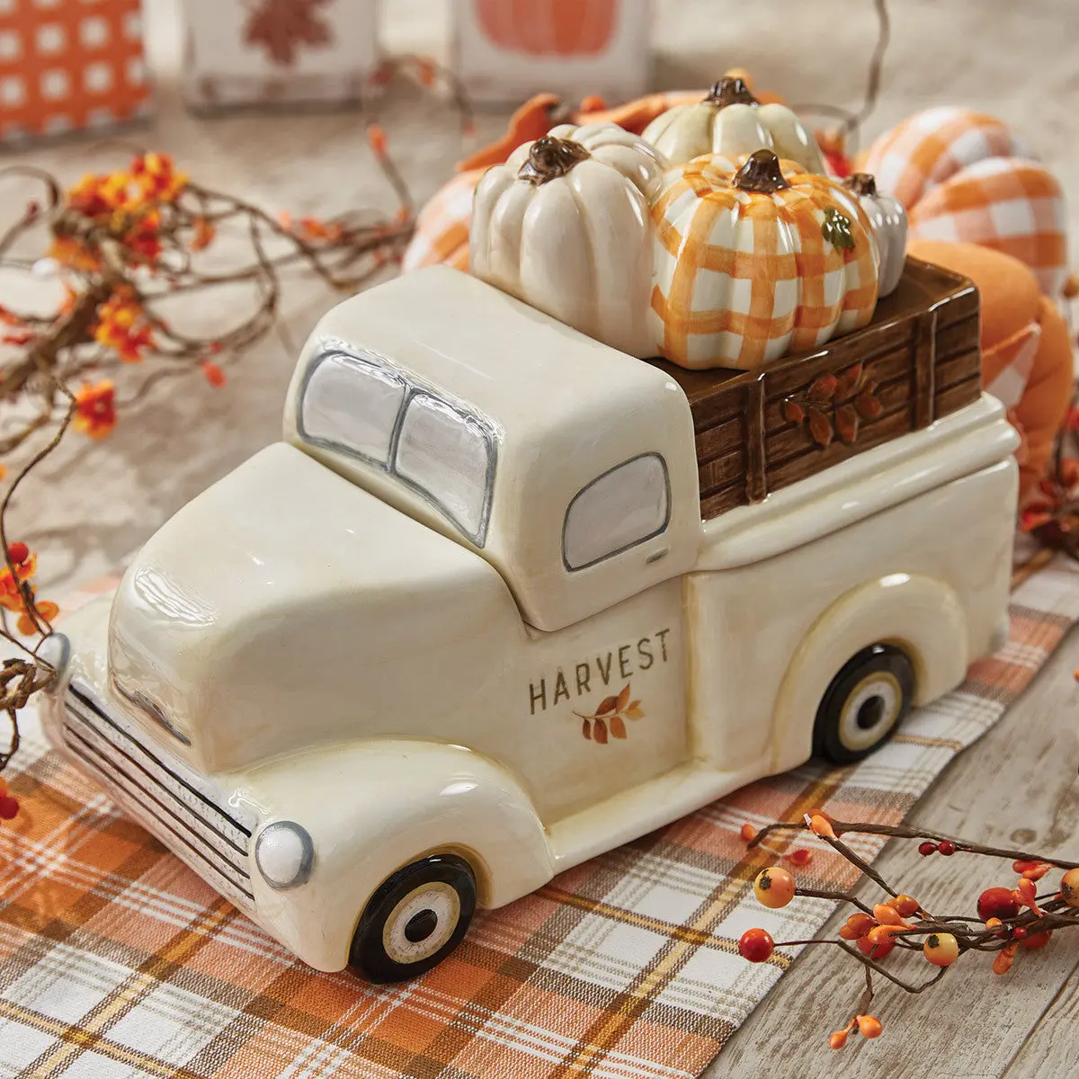 Pumpkin Patch Harvest Truck Lidded Cookie Jar, Farmhouse Home Organizer for Kitchen Cookie Storage