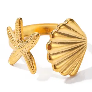 [Limited-Time Event] Ocean Series Starfish Shell Statement Ring - Artificial Gemstone Geometric Design Ring, Niche Versatile Jewelry for Daily Wear, Birthday Gift