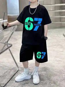 Trendy Kids Summer Set, Short Sleeve T-Shirt with Shorts, 67 Number Print, Casual Sportswear, Two-Piece, Graphic Print Set