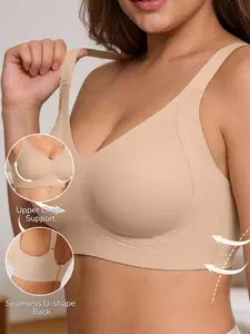 Wireless nude-colored jelly full-coverage bra, Seamless Wireless Supportive, Minimalist, lift and support with gathering, seamless fit for T-shirt bras, Buckle, basic style, plus-size, all-day comfort, essential for home wear