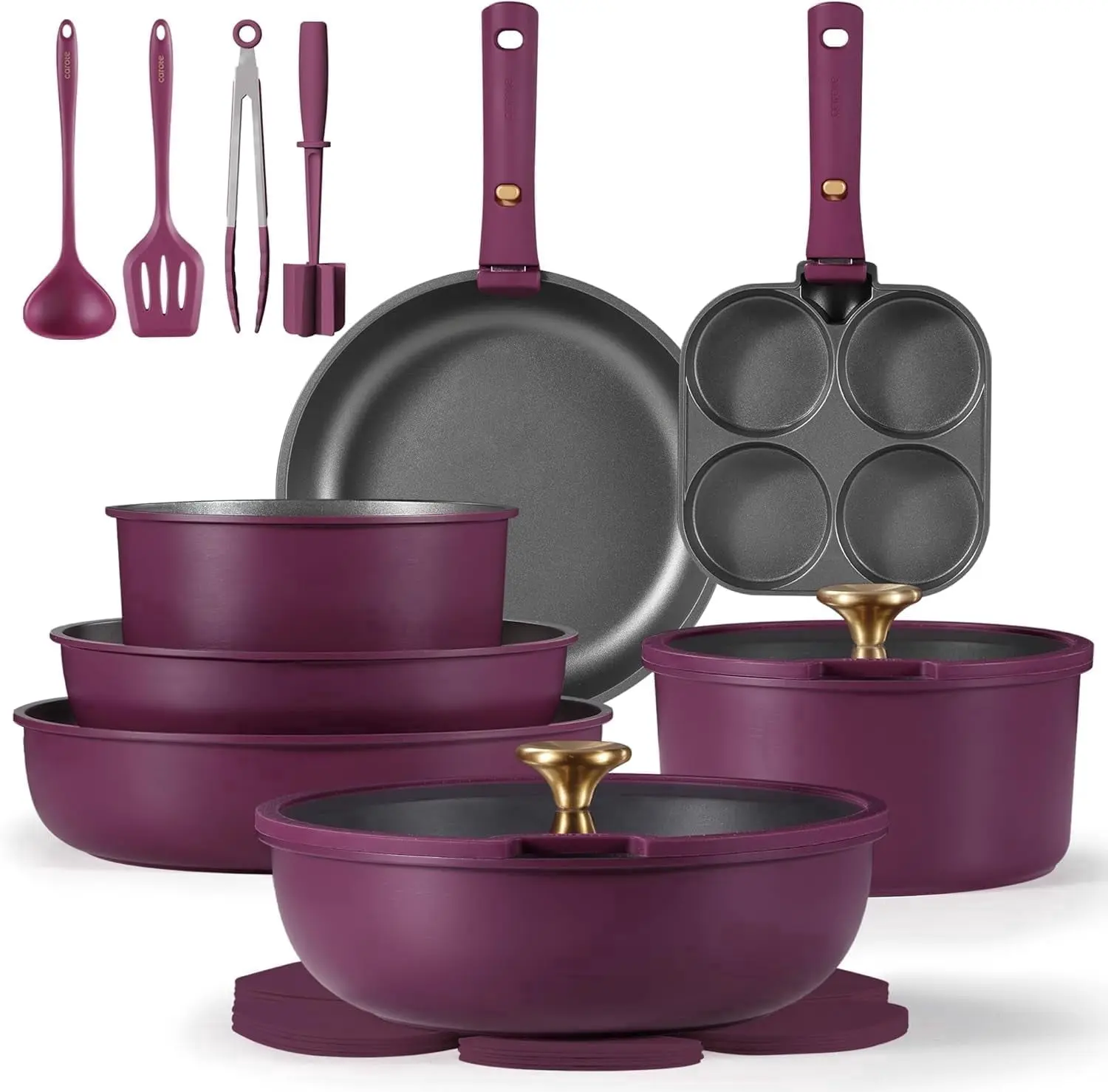 CAROTE 20 Pcs Nonstick Cookware Sets, Pots and Pans Set with Detachable Handles, Oven Safe, Induction Cookware, Stackable Kitchen Cooking Set, Ultra Violet