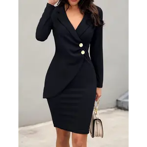 Women's Slim-fit Professional Dress JA185302 - Elegant Long Sleeve Polyester Workwear for Autumn & Summer