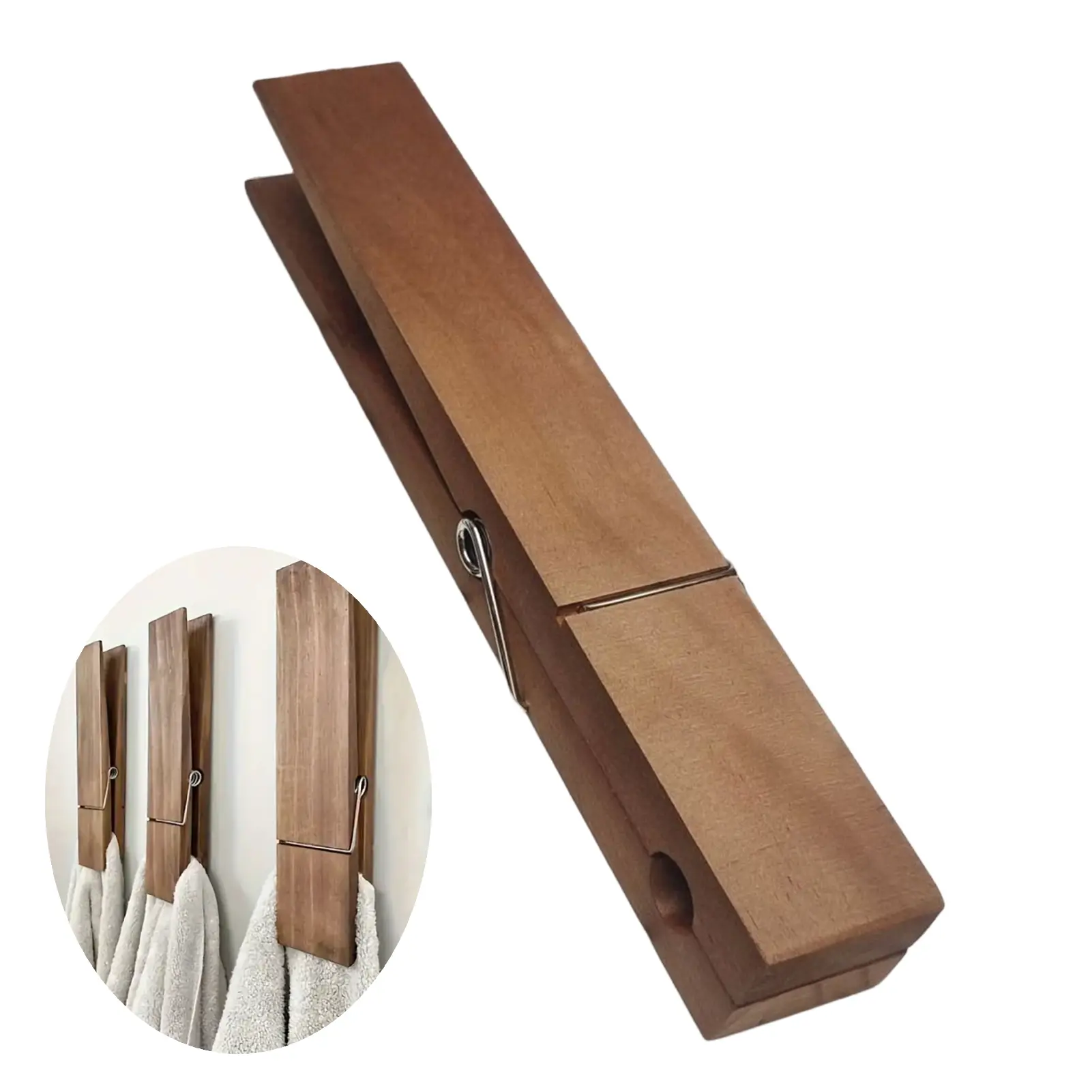 Solid Wood Clothespins (11.8x1.57"), Heavy Duty Durable Laundry Hangers, Rustic Wall-Mount Bathroom Towel Clips, Strong Grip Drying Pegs, Multi-Purpose Household Storage Organizer