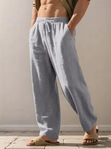 Men's Linen Long Pants, Casual Plain Trousers, Casual Loose Fit with Pockets, Spring & Fall Beach Vacation Lightweight Comfortable Breathable Fabric